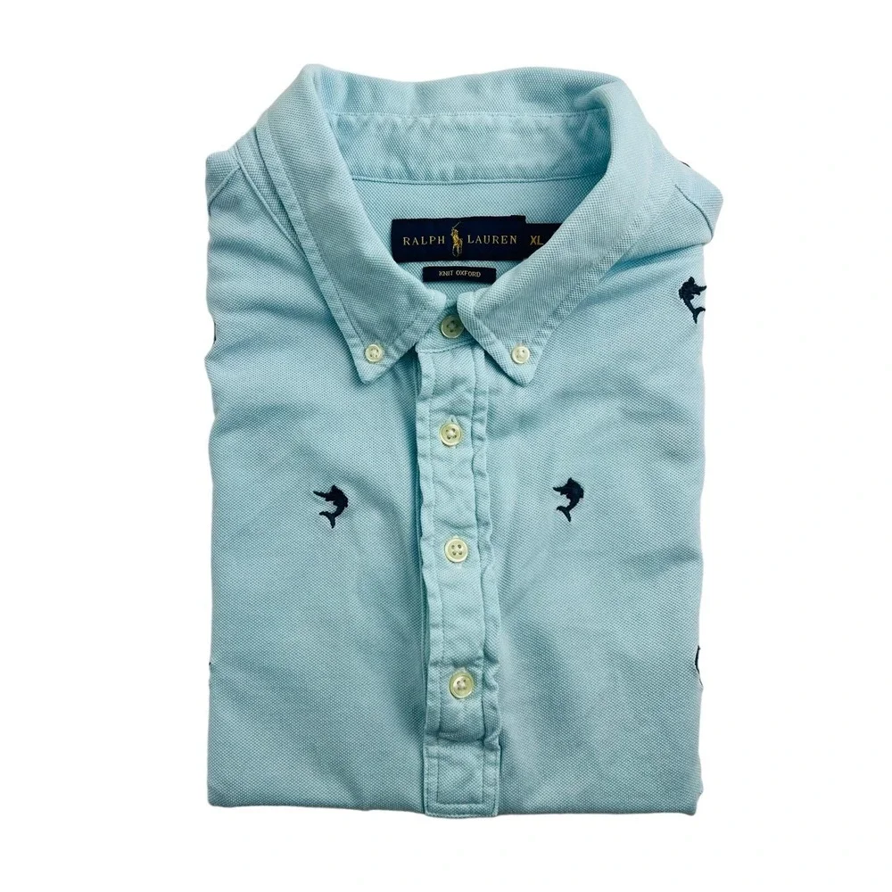 Ralph Lauren Lt Blue w/ Embroidered Marlin All‎ Over Knit Oxford Polo Shirt XL